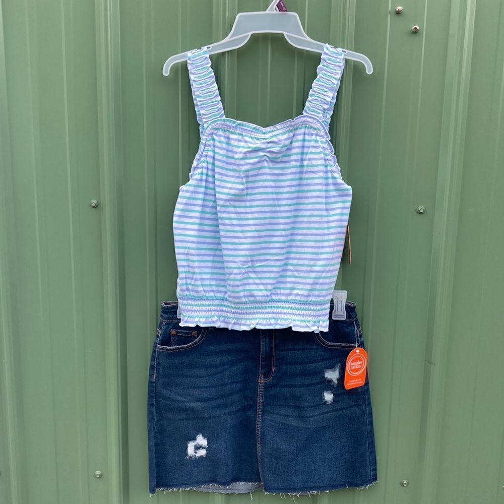 Girls Striped Tank Top & Denim Skirt With Frayed Hem 2-Piece Set Size XXL 18
